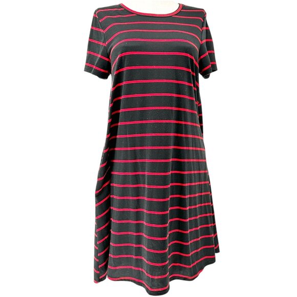 LuLaRoe Jessie Swing Dress Womens XL Black w Red Stripes SS Side Pockets Soft - Picture 1 of 9